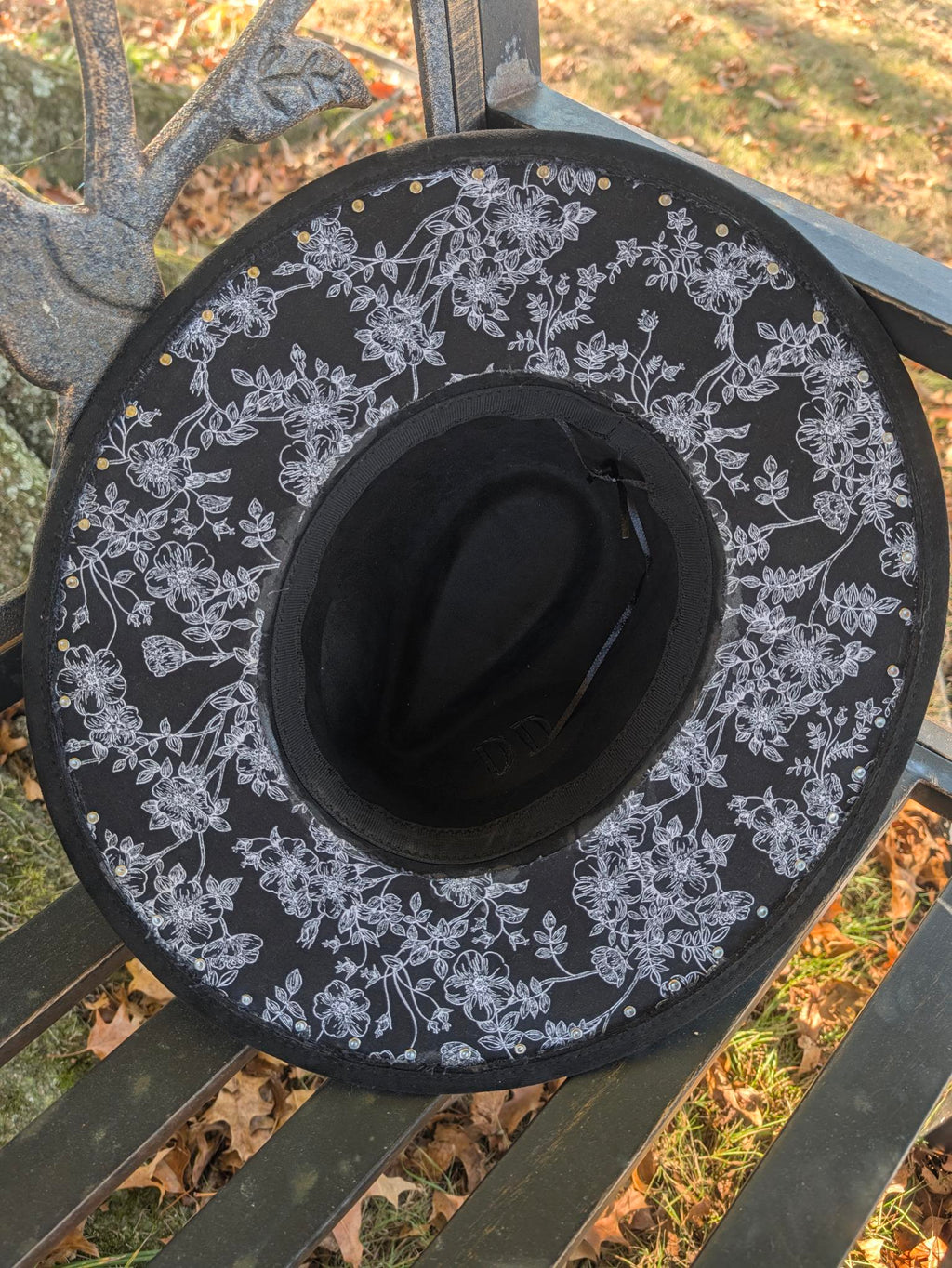 Custom Hand-Burned Vegan Leather Western Hat – Black Floral Boho Statement Hat | Boho Boutique Clothing