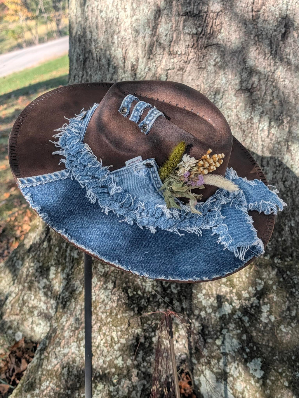 Custom Hand-Burned Vegan Leather Western Hat – BlueJean Floral Boho Cowgirl Hat | Boho Boutique Clothing