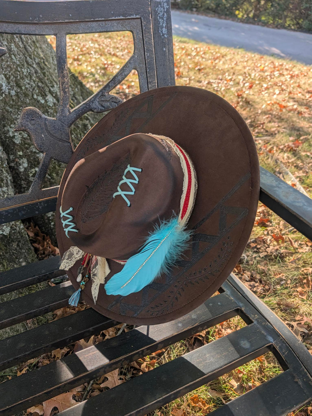 Custom Hand-Burned Vegan Leather Western Hat – Dark Chocolate Turquoise Feather Boho Hat | Boho Boutique Clothing