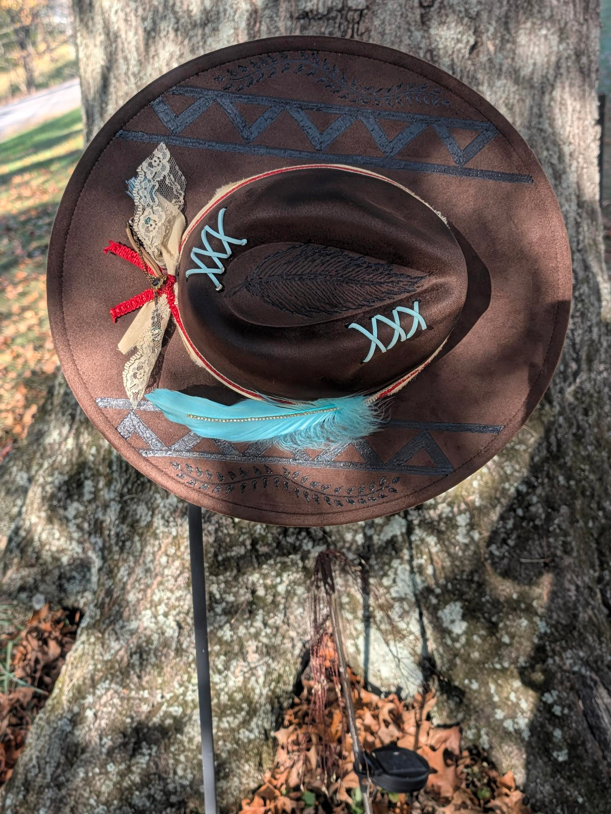 Custom Hand-Burned Vegan Leather Western Hat – Dark Chocolate Turquoise Feather Boho Hat | Boho Boutique Clothing
