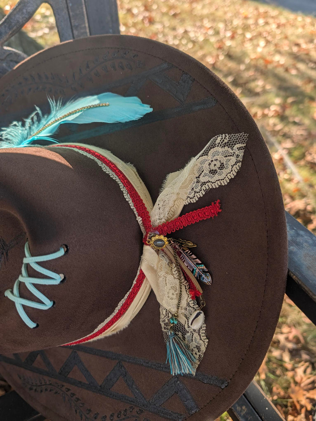 Custom Hand-Burned Vegan Leather Western Hat – Dark Chocolate Turquoise Feather Boho Hat | Boho Boutique Clothing