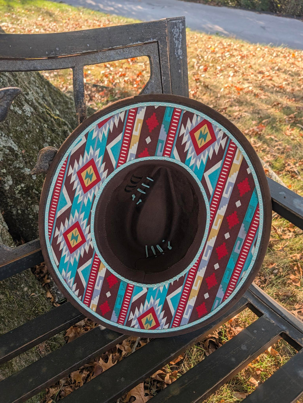 Custom Hand-Burned Vegan Leather Western Hat – Dark Chocolate Turquoise Feather Boho Hat | Boho Boutique Clothing