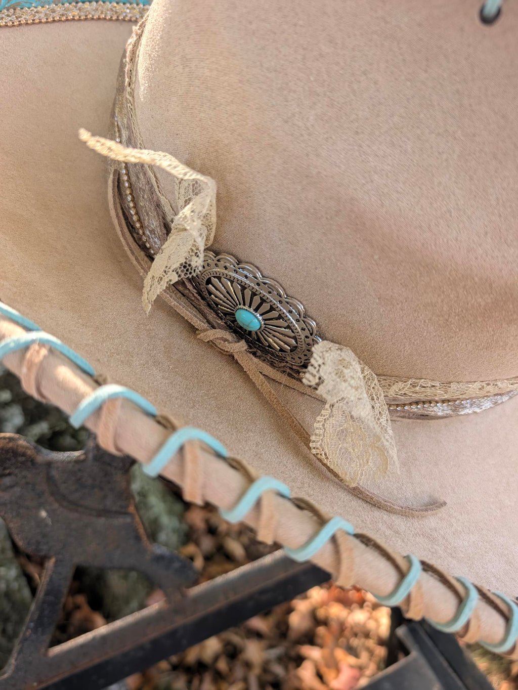 Custom Hand-Burned Vegan Leather Western Hat – Sand & Turquoise Boho Cowboy Hat | Boho Boutique Clothing