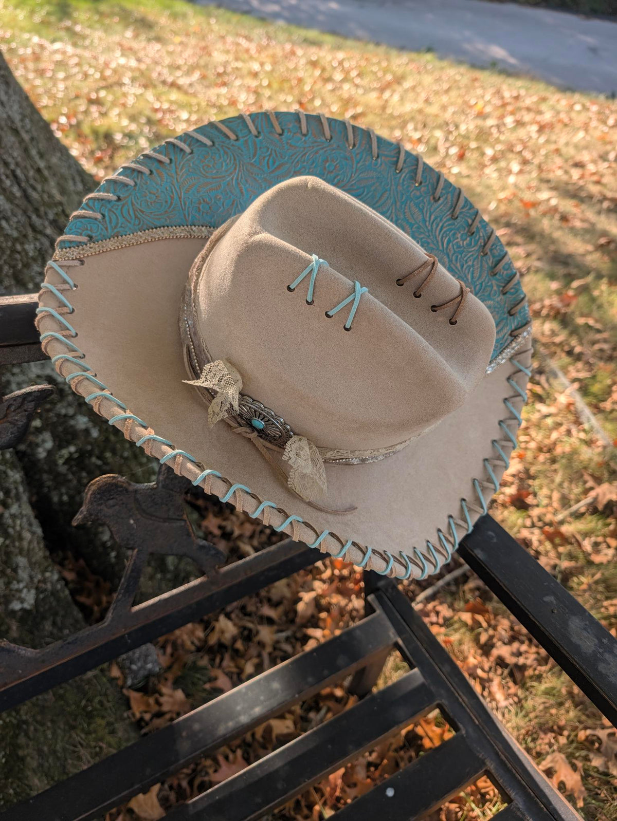 Custom Hand-Burned Vegan Leather Western Hat – Sand & Turquoise Boho Cowboy Hat | Boho Boutique Clothing
