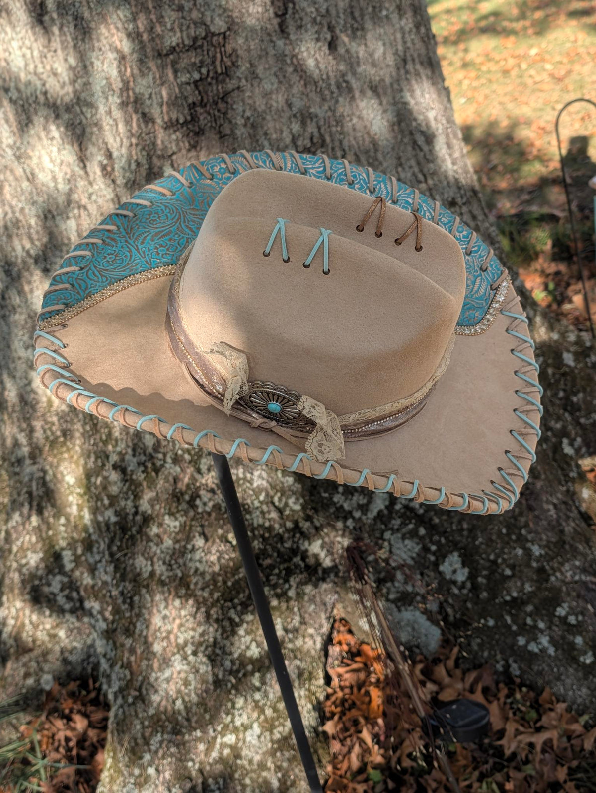 Custom Hand-Burned Vegan Leather Western Hat – Sand & Turquoise Boho Cowboy Hat | Boho Boutique Clothing
