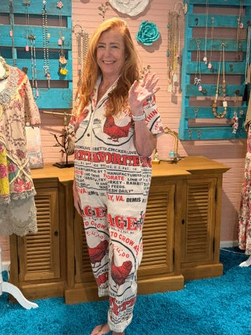 Kathmandu Imports Farmhouse Graphic Set – Red & White Rooster Print Top + Pants | Boho Boutique Clothing