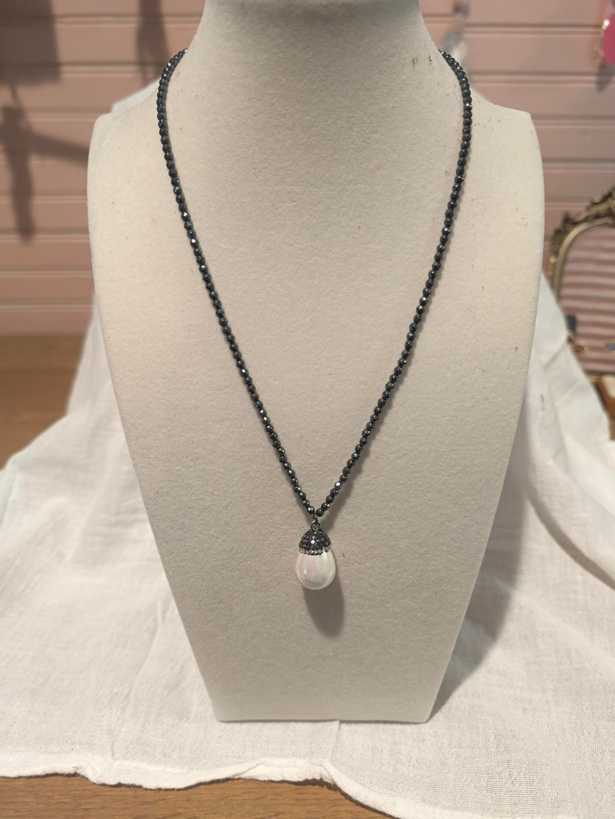 Black Bead Chain with Pearl Drop Pendant