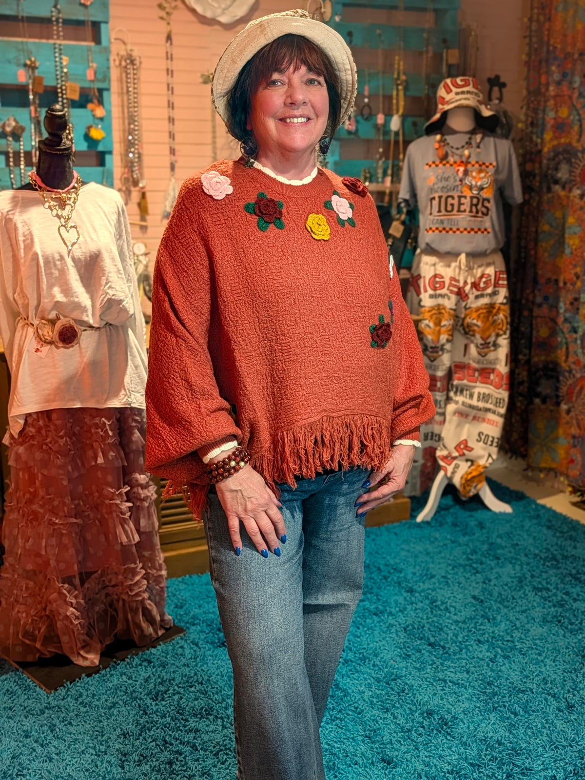 POL 3D Floral Applique Fringe Knit Poncho Sweater – Oversized Boho Knit Layer | Boho Boutique Clothing