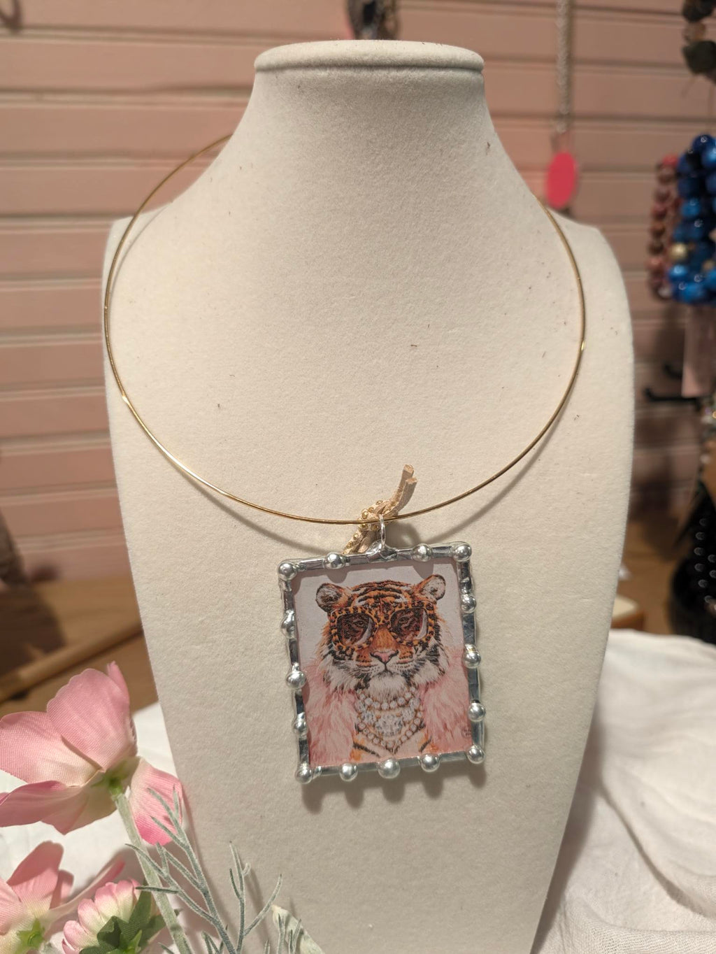 Indigo Blue Jeweled Tiger Pendant Necklace – Gold Wire Boho Statement Jewelry