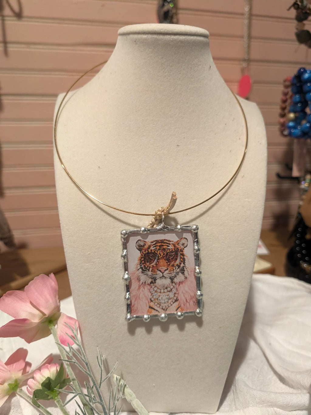 Indigo Blue Jeweled Tiger Pendant Necklace – Gold Wire Boho Statement Jewelry