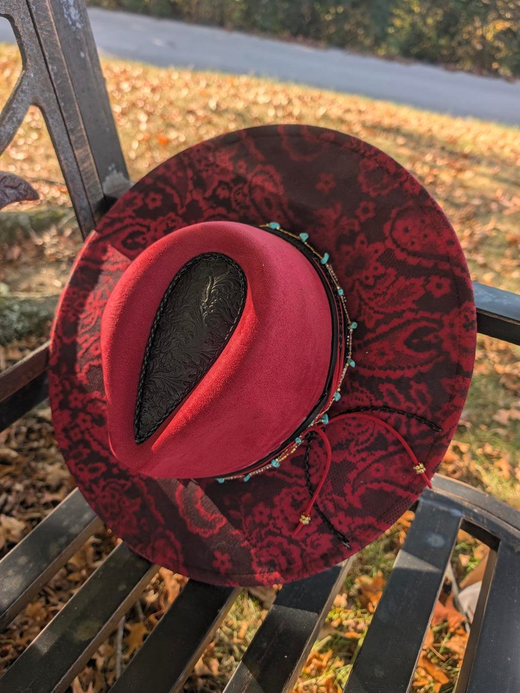 Custom Hand-Burned Vegan Leather Western Hat – Red Floral Boho Statement Hat | Boho Boutique Clothing