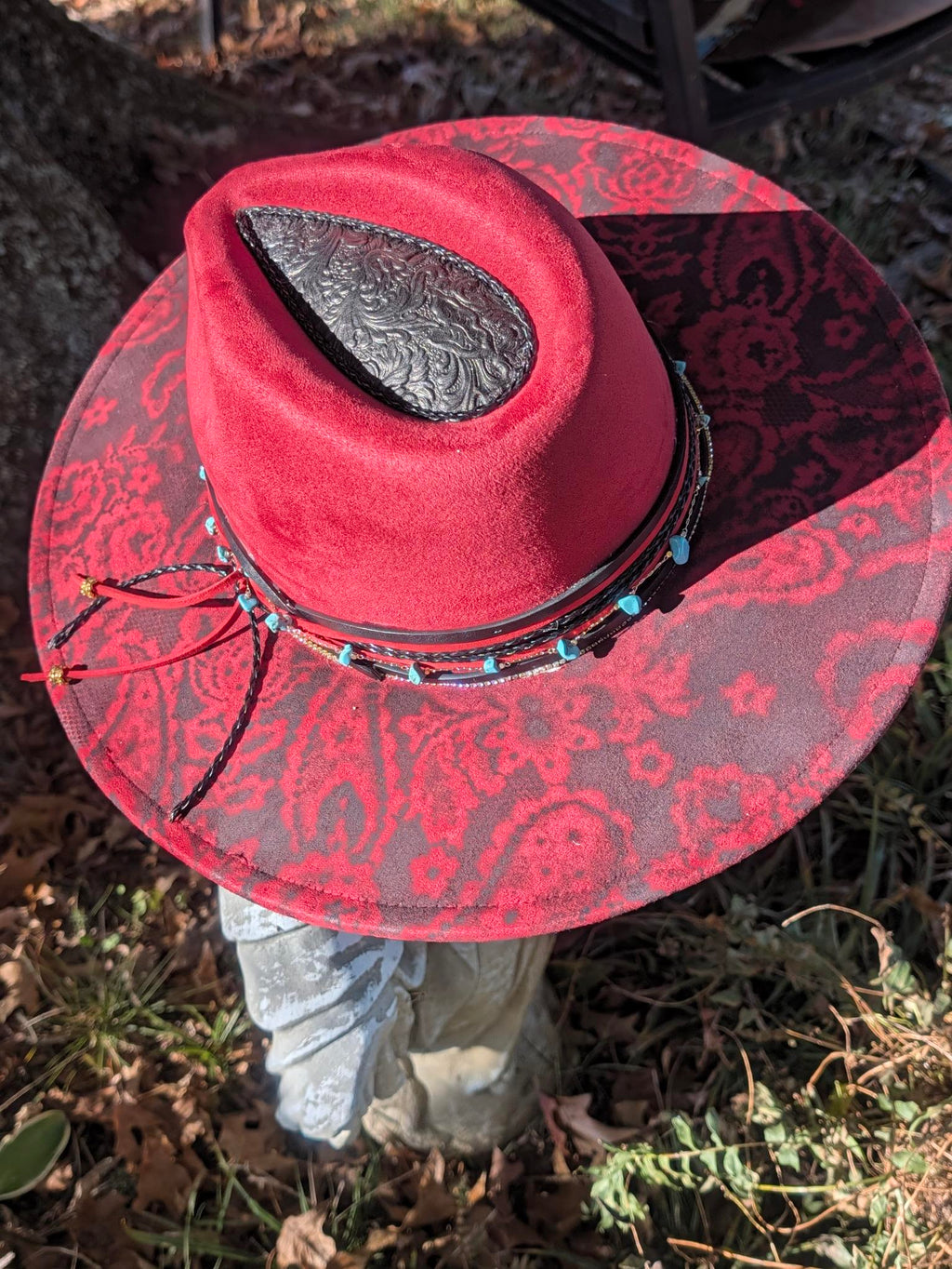 Custom Hand-Burned Vegan Leather Western Hat – Red Floral Boho Statement Hat | Boho Boutique Clothing