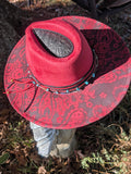 Custom Hand-Burned Vegan Leather Western Hat – Red Floral Boho Statement Hat | Boho Boutique Clothing