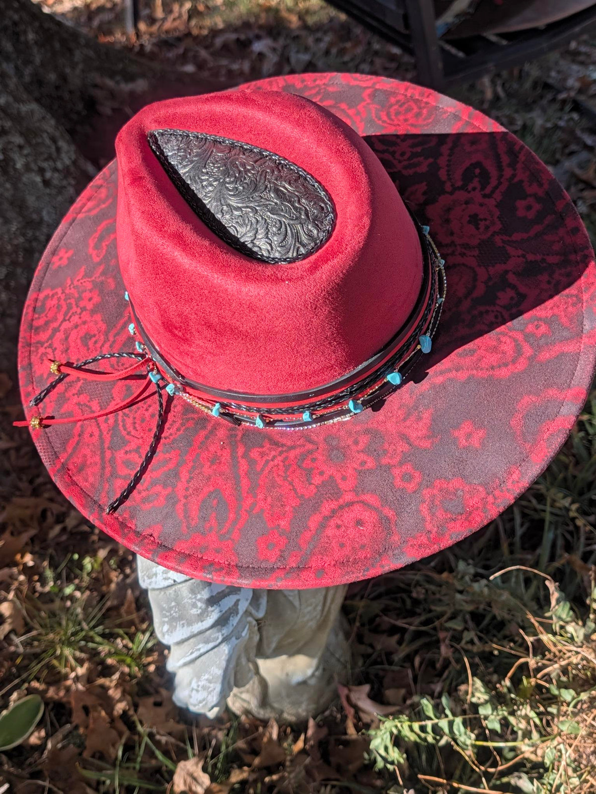 Custom Hand-Burned Vegan Leather Western Hat – Red Floral Boho Statement Hat | Boho Boutique Clothing
