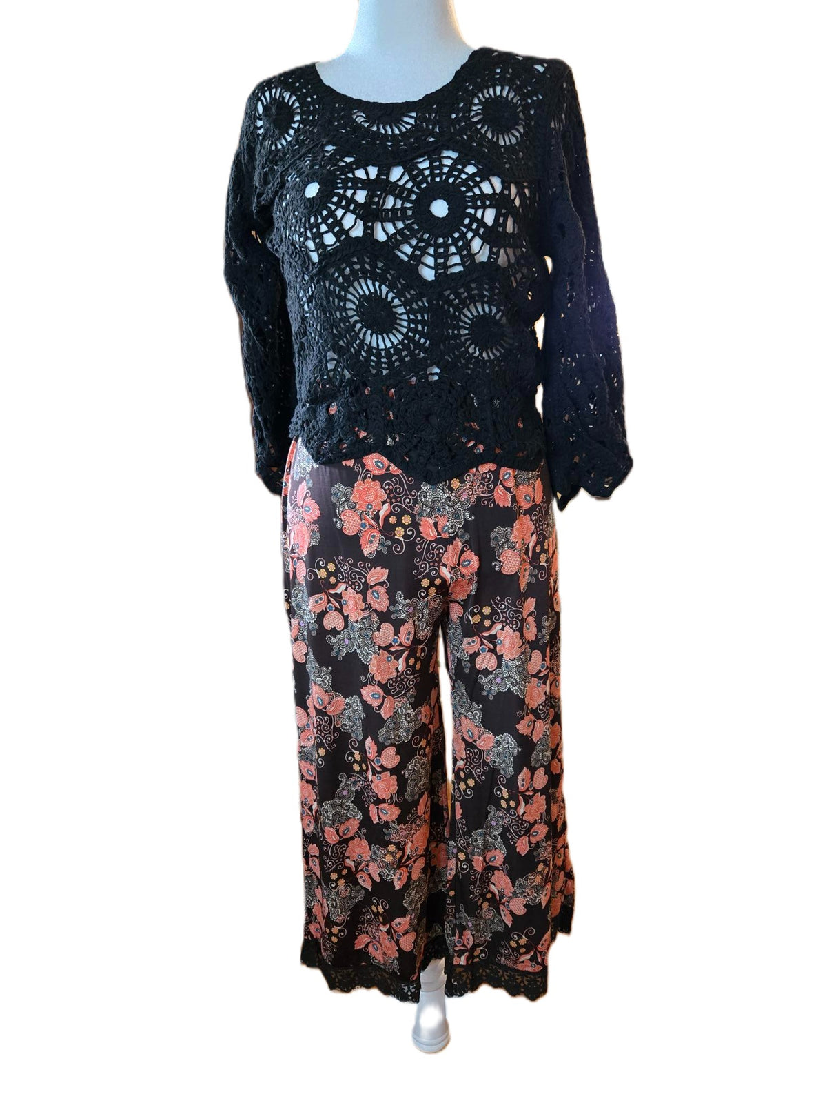 Boho Bloom Pants – Brown & Coral Lace Trim