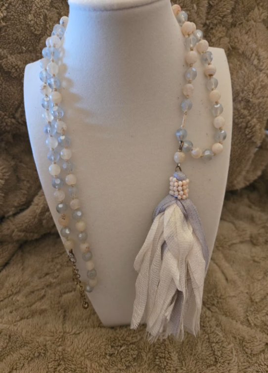 Moonstone Drift Long Beaded Tassel Necklace – White & Cream Boho Strand