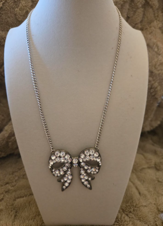 Crystal Pave Bow Pendant Necklace – Silver Chain