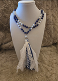 Blue & White Beaded Tassel Necklace