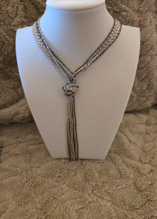 Metallic Multi‑Strand Knot Tassel Necklace