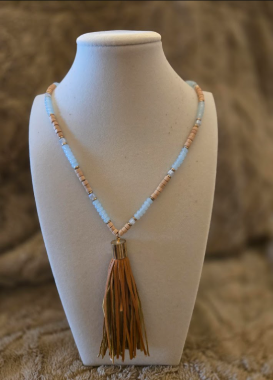 Blue & Tan Beaded Suede Tassel Necklace