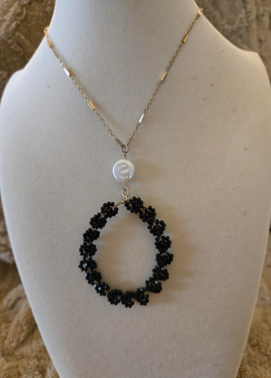 Black Beaded Circle Pendant Necklace