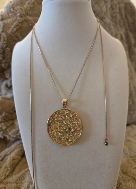 Gold Glitter Disc Lariat Necklace