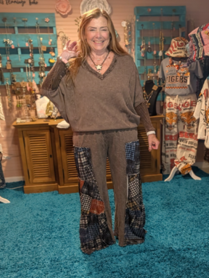 JHER Mineral‑Washed Tiered Plaid Wide Flare Pants