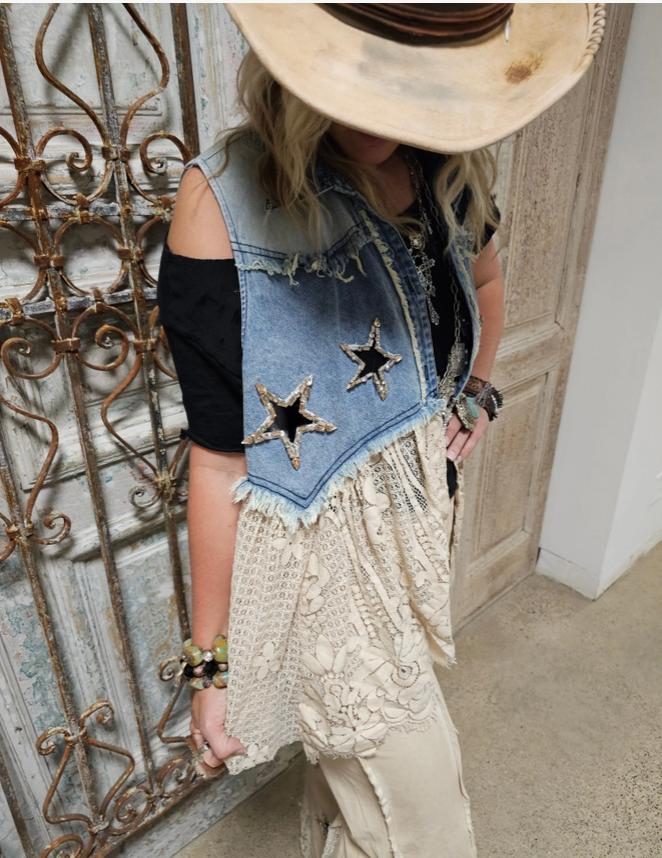 Rare Bird Denim Star Vest – Artisan Boho Cutout Layering Piece | Boho Boutique Clothing