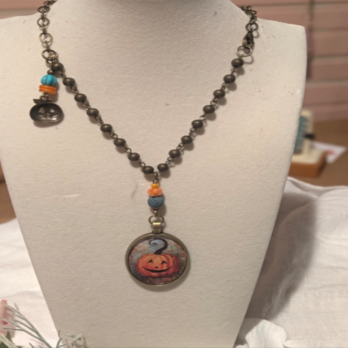 Peddler Girl Halloween Necklace – Pumpkin Pendant + Witch Hat Charm | Boho Artisan Jewelry