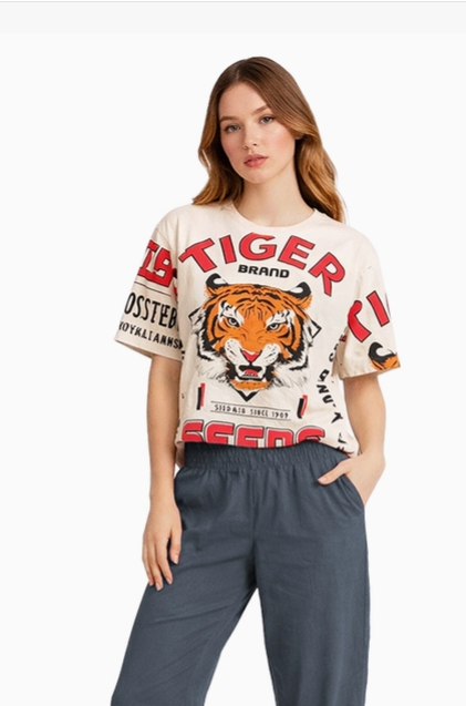 Kathmandu Imports Cotton Graphic Tee – Tiger Brand Cross Territory | Boho Boutique Clothing