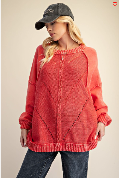 Easel Textured Knit Oversized Sweater – Red Boho Pullover | Boho Boutique Clothing