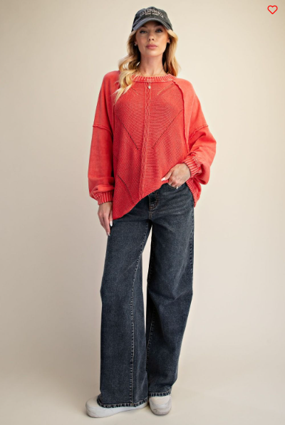 Easel Textured Knit Oversized Sweater – Red Boho Pullover | Boho Boutique Clothing