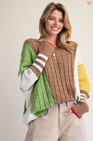 Easel Multicolor Cable‑Knit Color‑Block Sweater – Boho Dirty Matcha Pullover | Boho Boutique Clothing