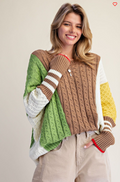 Easel Multicolor Cable‑Knit Color‑Block Sweater – Boho Dirty Matcha Pullover | Boho Boutique Clothing