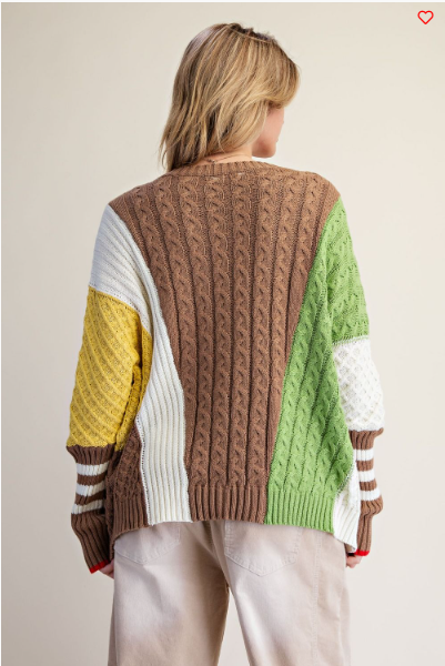 Easel Multicolor Cable‑Knit Color‑Block Sweater – Boho Dirty Matcha Pullover | Boho Boutique Clothing
