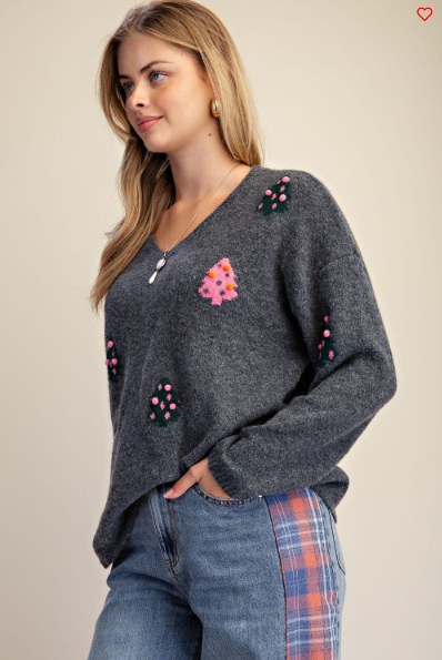 Easel Charcoal & Pink Holiday Knit Sweater – Relaxed Boho Pullover | Boho Boutique Clothing