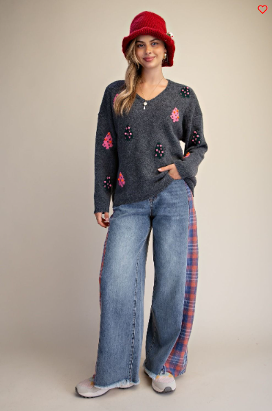 Easel Charcoal & Pink Holiday Knit Sweater – Relaxed Boho Pullover | Boho Boutique Clothing