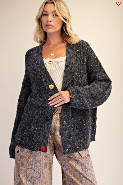 Easel Speckled Knit Multicolor Button Cardigan – Charcoal Boho Layer | Boho Boutique Clothing