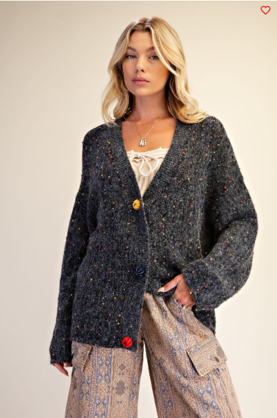 Easel Speckled Knit Multicolor Button Cardigan – Charcoal Boho Layer | Boho Boutique Clothing