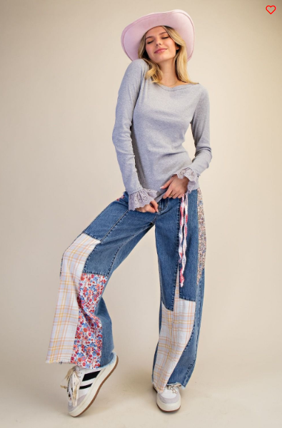 Easel Lace‑Trim Cuff Long‑Sleeve Top – Heather Gray Boho Essential | Boho Boutique Clothing