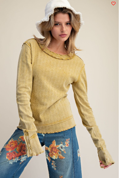 Easel Textured Ruffle‑Edge Long‑Sleeve Top – Faded Oliv Boho Essential | Boho Boutique Clothing