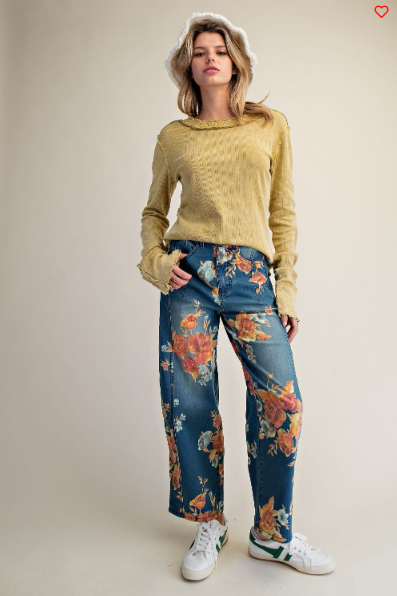 Easel Textured Ruffle‑Edge Long‑Sleeve Top – Faded Oliv Boho Essential | Boho Boutique Clothing