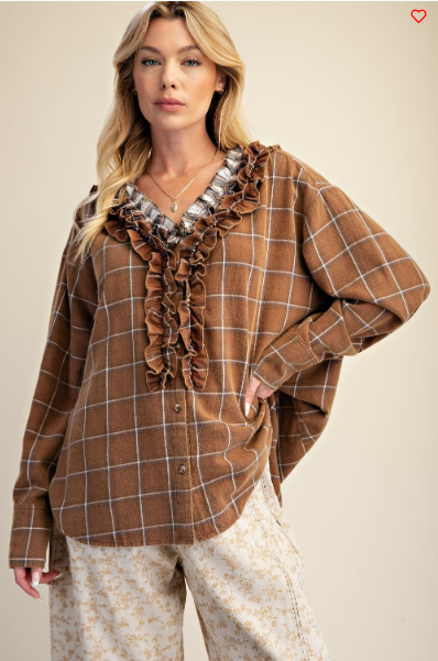 Easel Checkered Ruffle V‑Neck Blouse – Brown Boho Long‑Sleeve Top | Boho Boutique Clothing
