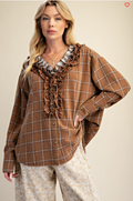Easel Checkered Ruffle V‑Neck Blouse – Brown Boho Long‑Sleeve Top | Boho Boutique Clothing
