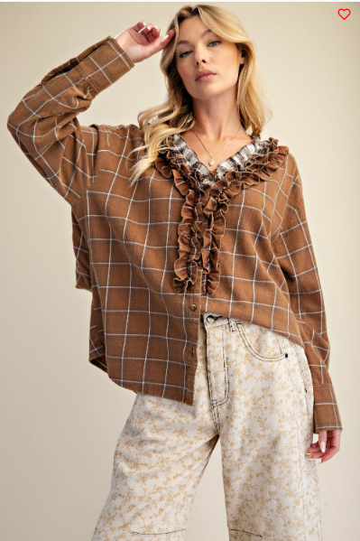 Easel Checkered Ruffle V‑Neck Blouse – Brown Boho Long‑Sleeve Top | Boho Boutique Clothing