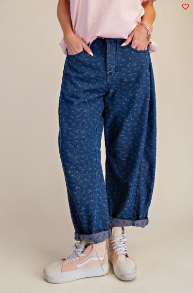 Easel Wide‑Leg Dotted Pattern Jeans – Light Wash Boho Denim | Boho Boutique Clothing
