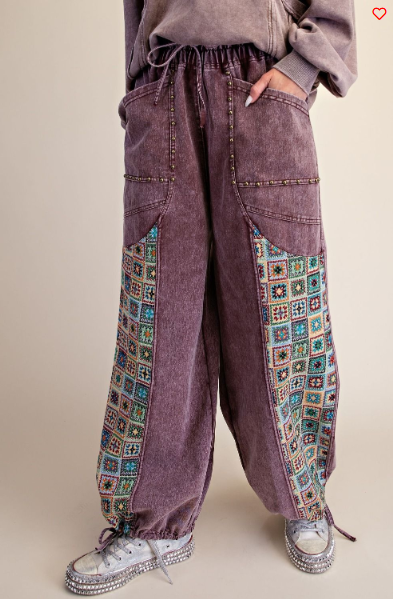 Easel Wide‑Leg Pattern‑Panel Drawstring Pants – Rich Plum Boho Bottoms | Boho Boutique Clothing