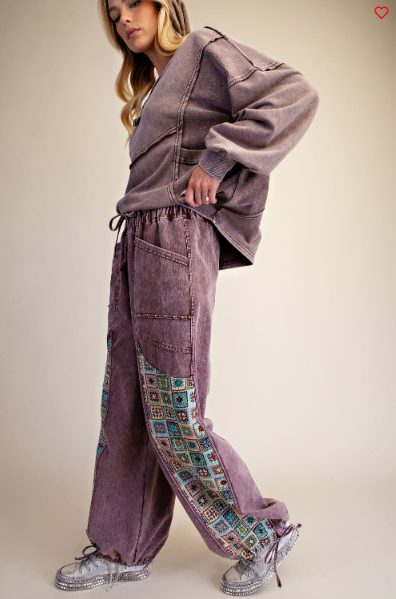 Easel Wide‑Leg Pattern‑Panel Drawstring Pants – Rich Plum Boho Bottoms | Boho Boutique Clothing