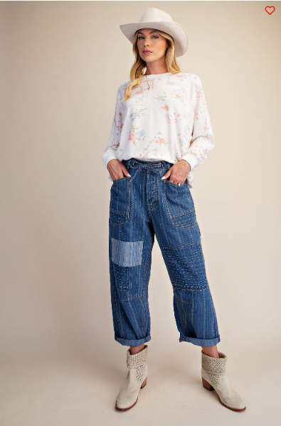 Easel Patchwork Wide‑Leg Jeans – Blue Boho Denim | Boho Boutique Clothing