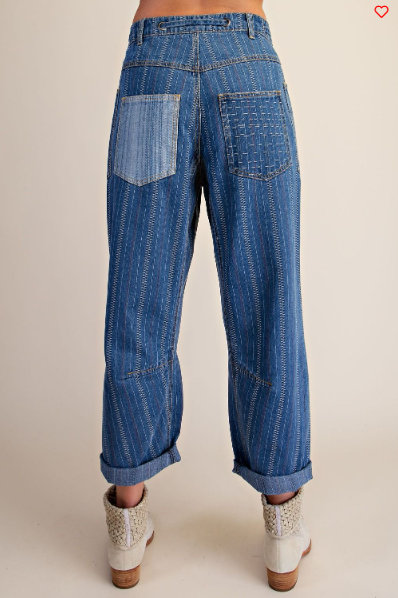 Easel Patchwork Wide‑Leg Jeans – Blue Boho Denim | Boho Boutique Clothing